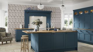 Dark blue Shaker-style kitchen with a large central island and wooden worktops