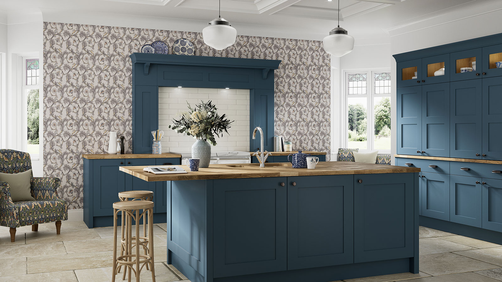 Dark blue Shaker-style kitchen with a large central island and wooden worktops