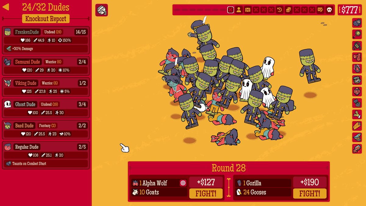 Several screenshots from How Many Dudes? by developer Butterscotch Shenanigans, demonstrating a variety of gameplay mechanics.