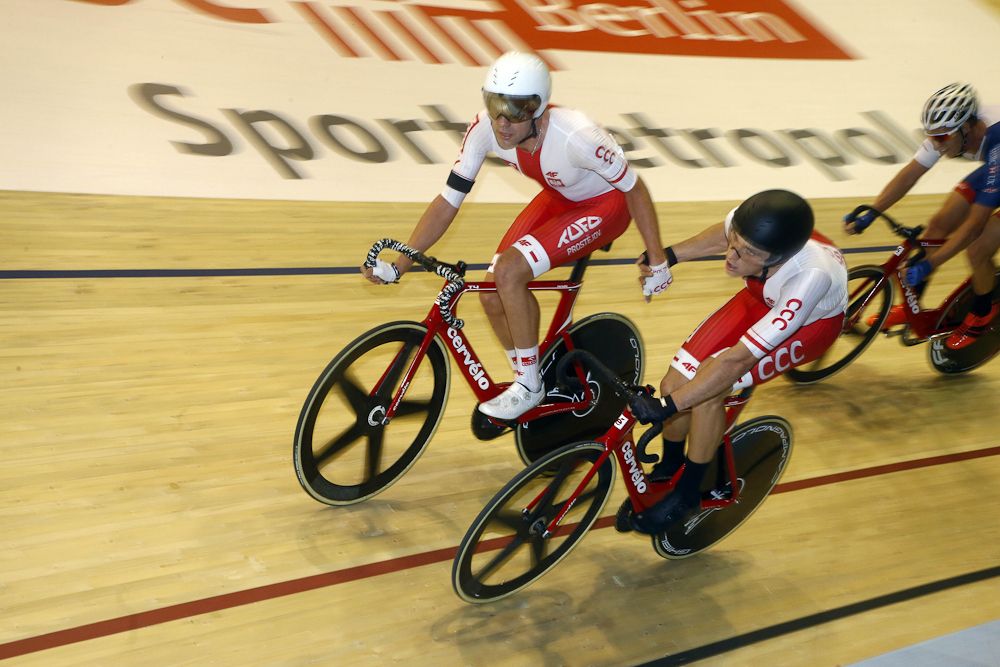 Poland's Wojciech Pszczolarski and Daniel Staniszewski compete in the Madison