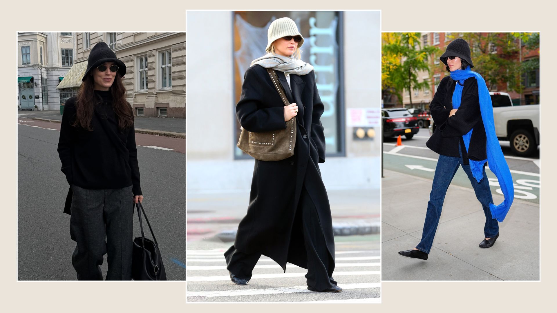 A collage of Jennifer Lawrence and Kendall Jenner wearing a '90s romcom outfit.