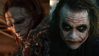Jacob Elordi as The Creature in Frankenstein and Heath Ledger as Joker in The Dark Knight