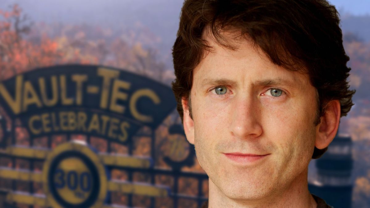 Bethesda Game Studios&#039; Todd Howard in front of a blurry image of Fallout 76.