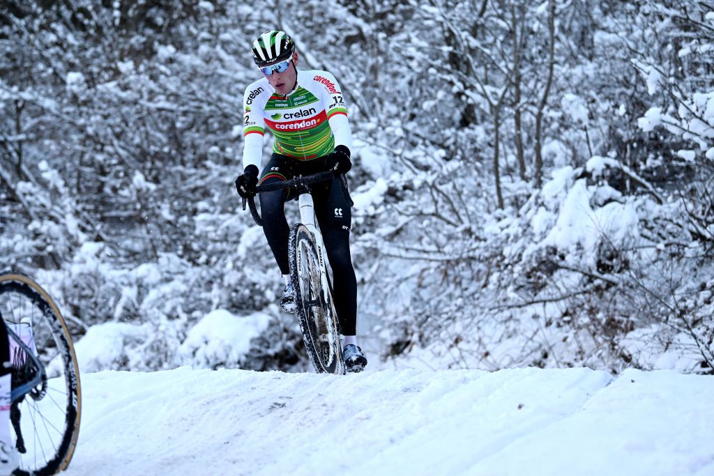 VAL DI SOLE ITALY DECEMBER 10 Joran Wyseure of Belgium and Team CrelanCorendon competes during the 3rd UCI Cyclocross World Cup Val di Sole 2023 Mens Elite on December 10 2023 in Val di Sole Italy Photo by Dario BelingheriGetty Images