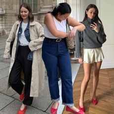 fashion collage of four stylish influencers wearing featuring outfits with red ballet flats