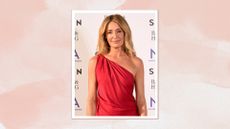 Cat Deeley smiling with curled blonde hair and wearing a one shoulder ruched red dress, on a pink watercolour background