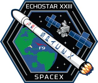 The mission emblem for SpaceX's Falcon 9 rocket launch carrying the EchoStar 23 satellite into orbit.