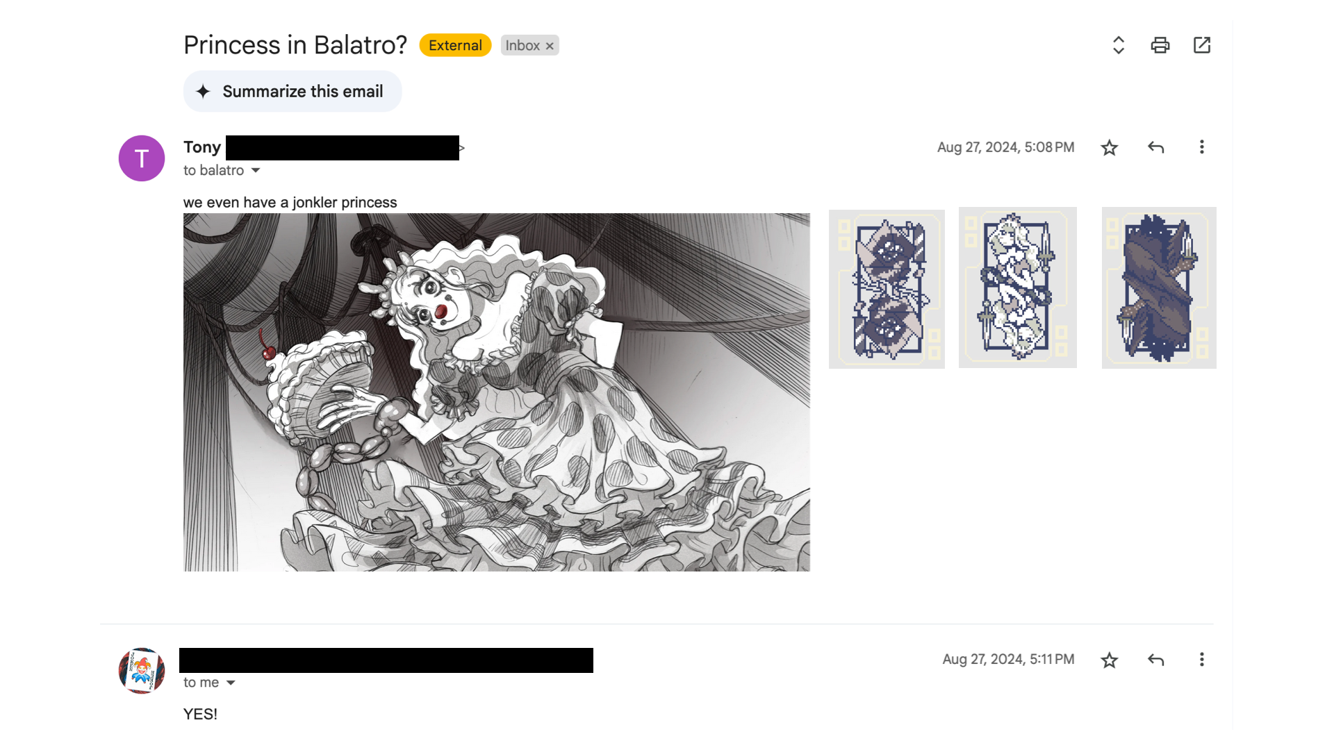 An email arranging the Balatro collaboration with Slay the Princess.