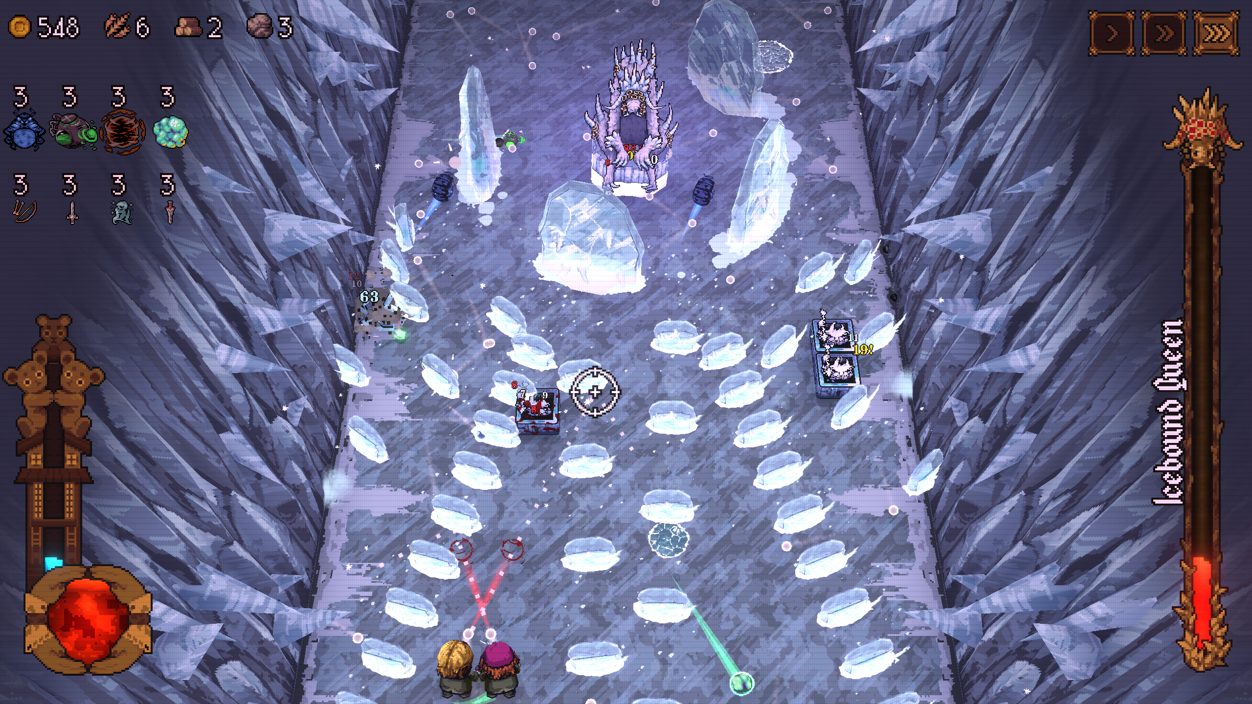 Ball x Pit: Gameplay of two characters fighting the Icebound Queen boss, firing balls at them and dodging ice blocks.