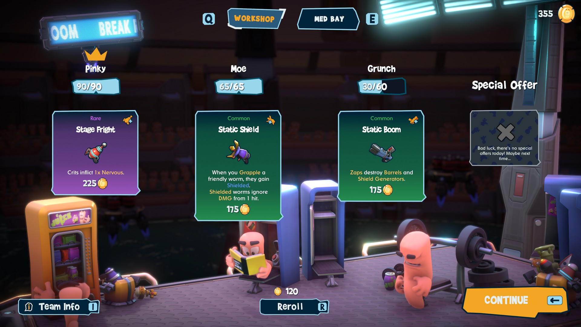 The break room's workshop in Worms: Galactic Tactics displays each worm's weapon stats and their overall health