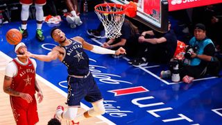 Giannis Antetokounmpo #34 of the Milwaukee Bucks and Eastern Conference All-Stars dunks the ball against the Western Conference All-Stars in the fourth quarter during the 2024 NBA All-Star Game at Gainbridge Fieldhouse on February 18, 2024 in Indianapolis, Indiana