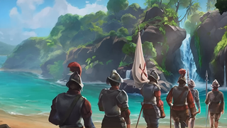 Digital painted image of Spanish Conquistadors on a tropical beach, concept art for Europa Universalis 5.