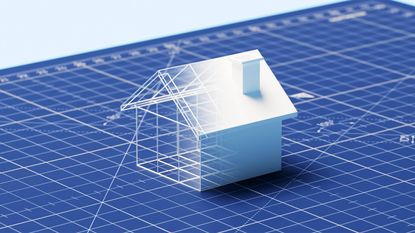 3D house on blueprint background illustrating plans coming to life