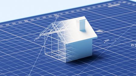 3D house on blueprint background illustrating plans coming to life