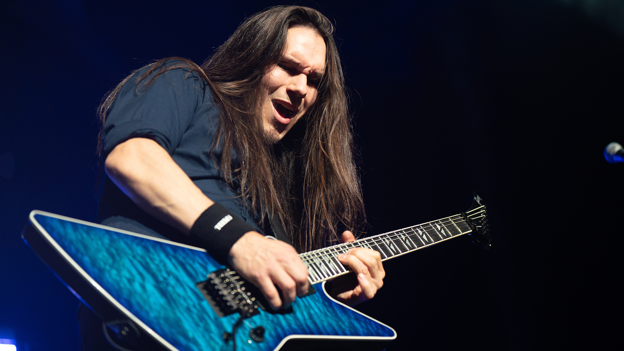 Teemu M&amp;auml;ntysaari of Megadeth seen performing live on stage. Megadeth played London's O2 Arena as Special guests of the Band Disturbed on their 25th Anniversary tour Sick Things