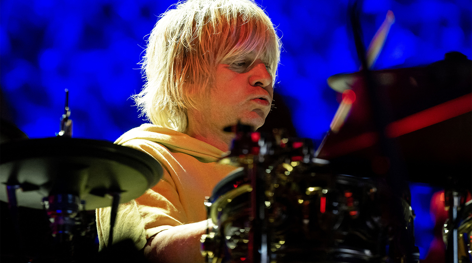 English drummer Zak Starkey of English rock band The Who performs on stage at the Paris La Defense Arena in Nanterre, western Paris, on June 23, 2023.