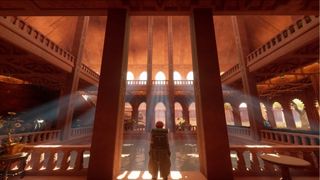 Player stands in a vast, ornate palace with light beams shining down.