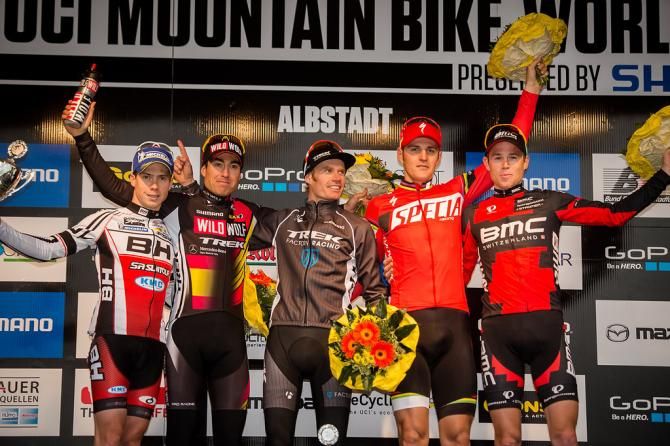 Men's podium in Albstadt World Cup: Maxime Marotte, Sergio Mantecon, Jaroslav Kulhavy, Lukas Flueckiger