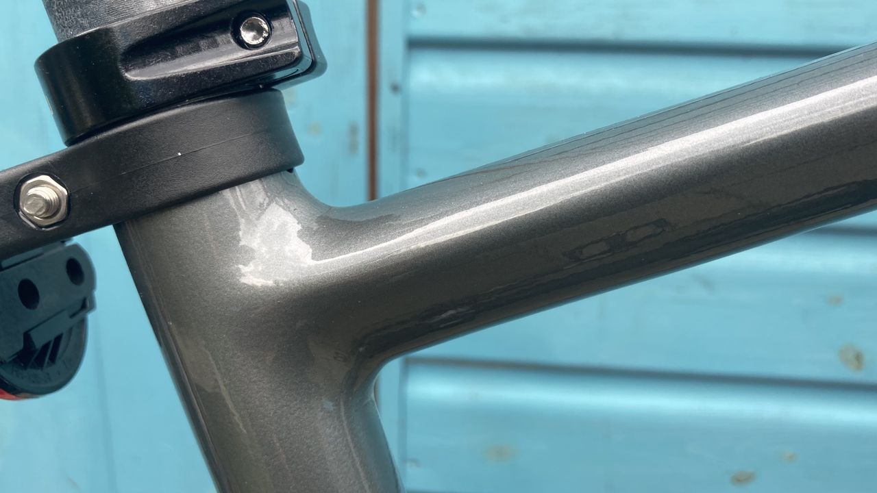 The junction between the top tube and seat tube on a Ribble Hybrid AL Trail