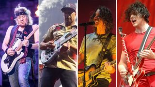 (from left) Adrian Smith, Tom Morello, Chris Cornell and Jack White perform onstage