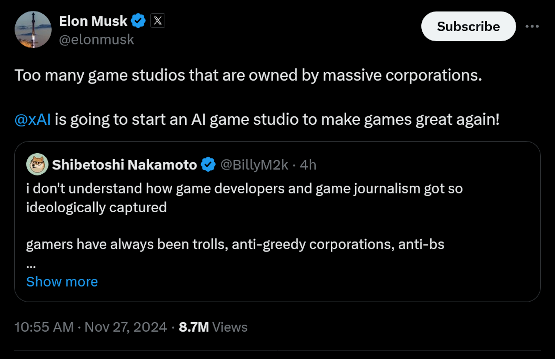 Too many game studios that are owned by massive corporations. @xAI is going to start an AI game studio to make games great again!