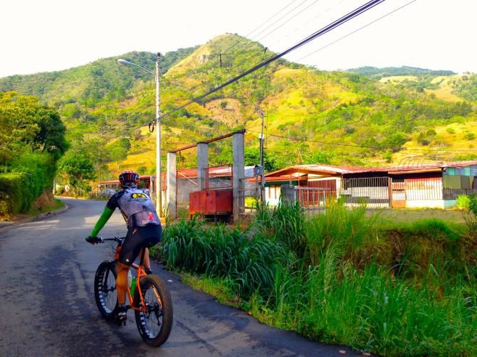 A rider checks out the La Ruta route on a fat bike