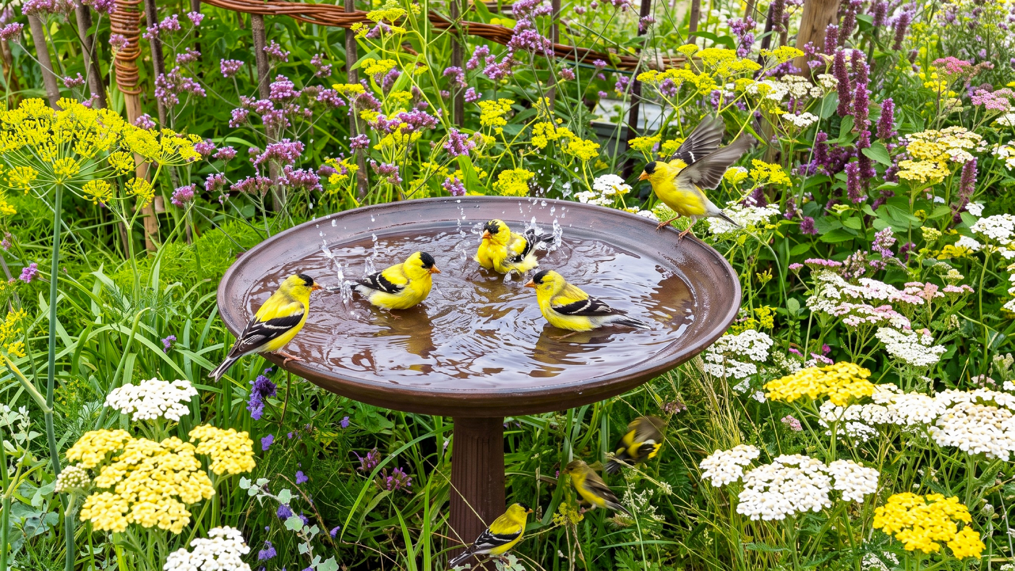 American goldfinches splashing in a border bird bath in a summer garden