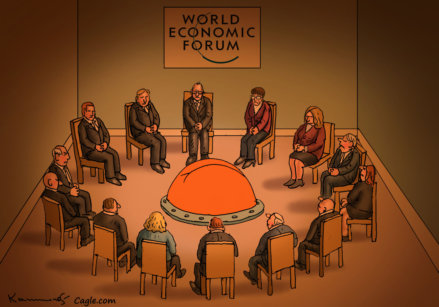 This cartoon depicts 14 sad-looking world leaders seated in a circle of chairs at the World Economic Forum. They surround a giant, orange man&amp;rsquo;s butt sticking through a portal in the floor of the room.