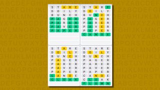 Quordle daily sequence answers for game 649 on a yellow background