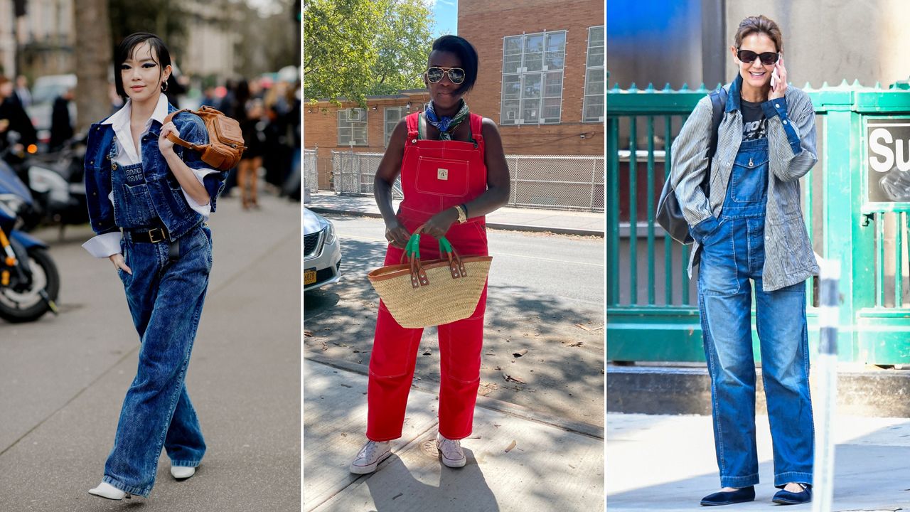 a composite collage of three women wearing overalls to illustrate a story about women making overalls a trend