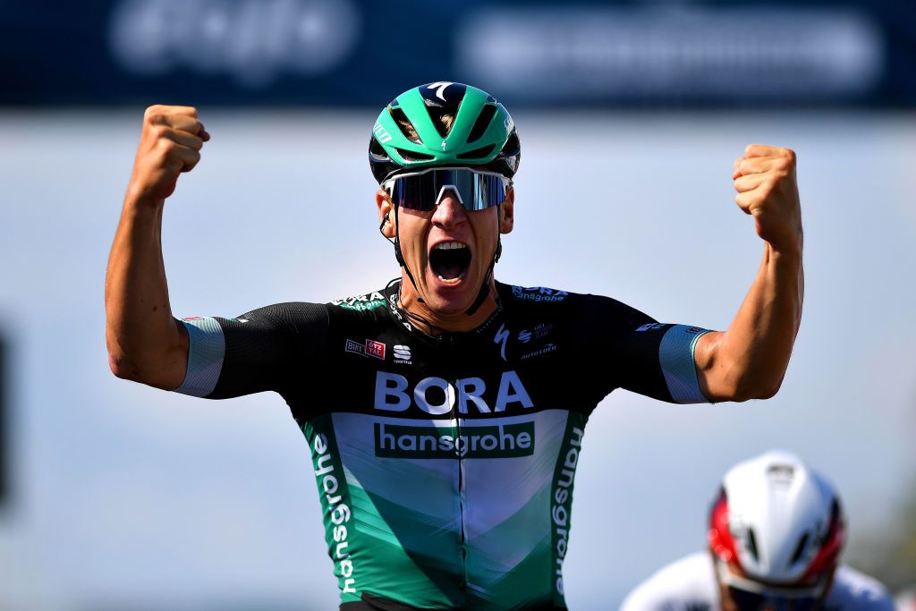 LIDODICAMAIORE ITALY SEPTEMBER 07 Arrival Pascal Ackermann of Germany and Team BoraHansgrohe Celebration during the 55th TirrenoAdriatico 2020 Stage 1 a 133km stage from Lido di Camaiore to Lido di Camaiore TirrenAdriatico on September 07 2020 in Lido di Camaiore Italy Photo by Justin SetterfieldGetty Images