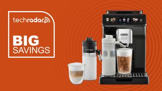 De'Longhi Eletta Explore coffee machine on an orange background. 