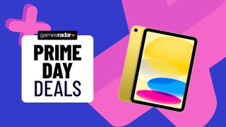 A yellow iPad next to a sign saying 'GamesRadar+ Prime Day Deals', on a blue background with purple pluses.