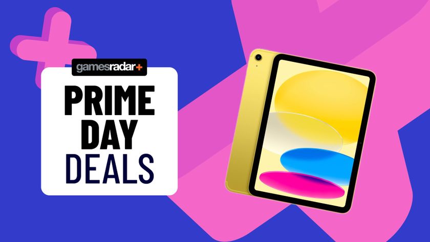 A yellow iPad next to a sign saying &#039;GamesRadar+ Prime Day Deals&#039;, on a blue background with purple pluses.
