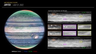 Researchers using NASA’s James Webb Space Telescope’s NIRCam (Near-Infrared Camera) have discovered a high-speed jet stream sitting over Jupiter’s equator, above the main cloud decks. At a wavelength of 2.12 microns, which observes between altitudes of about 12-21 miles (20-35 kilometers) above Jupiter’s cloud tops, researchers spotted several wind shears, or areas where wind speeds change with height or with distance, which enabled them to track the jet.