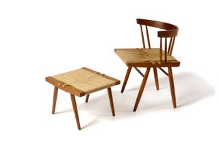 George Nakashima Grass-seated Chair with Stool