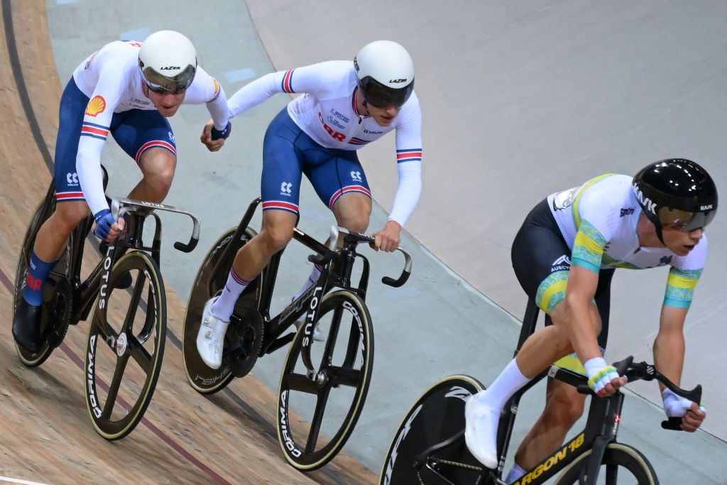 Great Britains Ethan Hayter and Great Britains Oliver Wood compete in the Mens Madison 50km final during the UCI Track Cycling World Championships at the Velodrome of SaintQuentinenYvelines southwest of Paris on October 16 2022 Photo by AnneChristine POUJOULAT AFP Photo by ANNECHRISTINE POUJOULATAFP via Getty Images