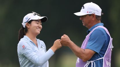 Rose Zhang and caddie, Jason Gilroyed, competing in the KPMG Women's PGA Championship