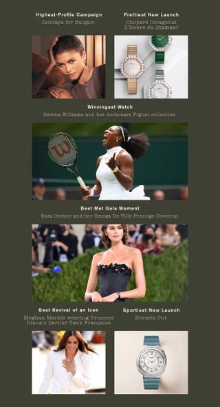 a collage of six images depicting watch trends and women wearing watches