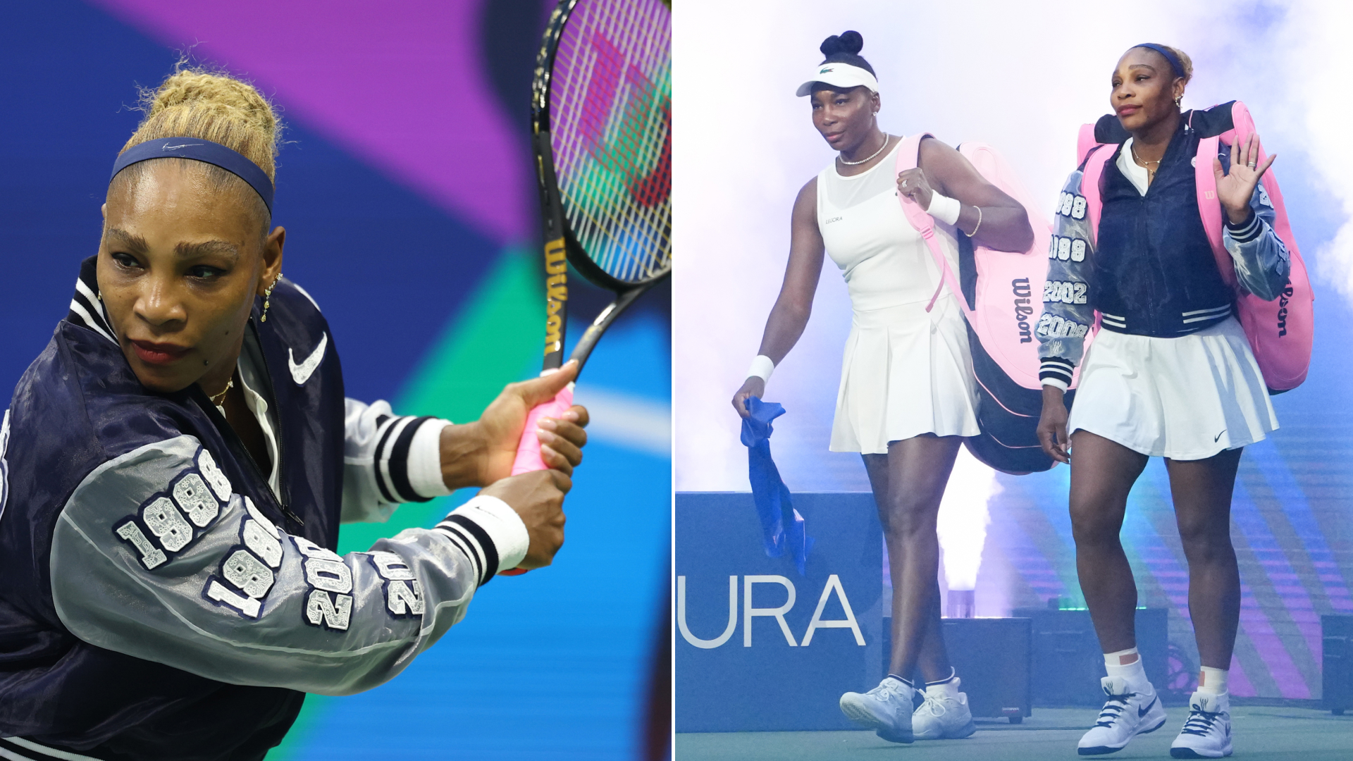 Serena Williams wears a custom Nike jacket to play doubles with sister Venus Williams