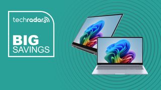 Two Samsung Galaxy Book laptops on a green background