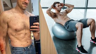 a photo of David harbour and a photo of a man doing a crunch on an exercise ball