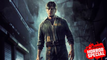 Murphy Pendleton stands in an alley with a pipe in Silent Hill: Downpour, with the GamesRadar+ Big Preview Horror Special 2025 badge branding