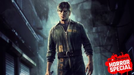 Murphy Pendleton stands in an alley with a pipe in Silent Hill: Downpour, with the GamesRadar+ Big Preview Horror Special 2025 badge branding