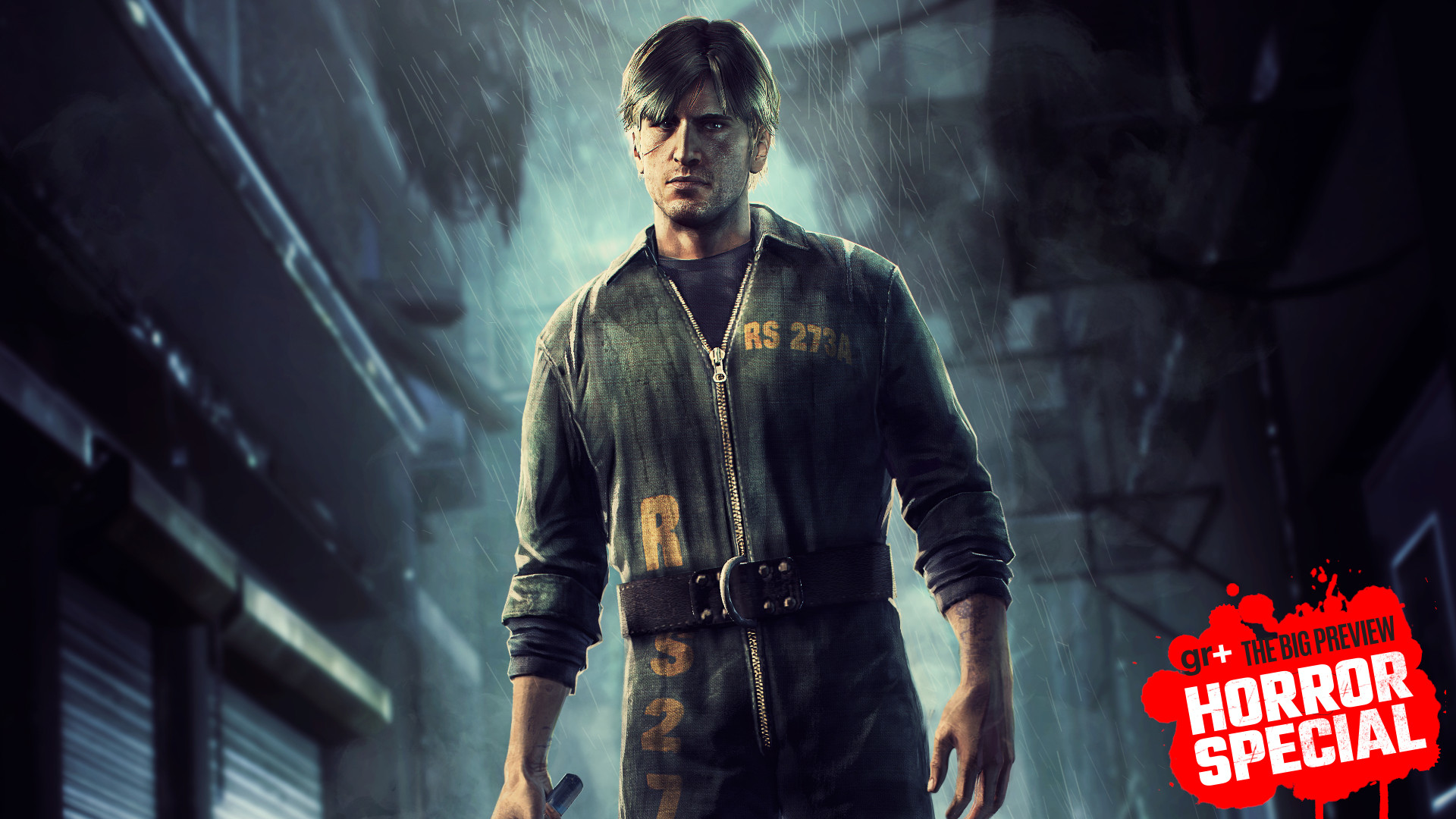 Murphy Pendleton stands in an alley with a pipe in Silent Hill: Downpour, with the GamesRadar+ Big Preview Horror Special 2025 badge branding