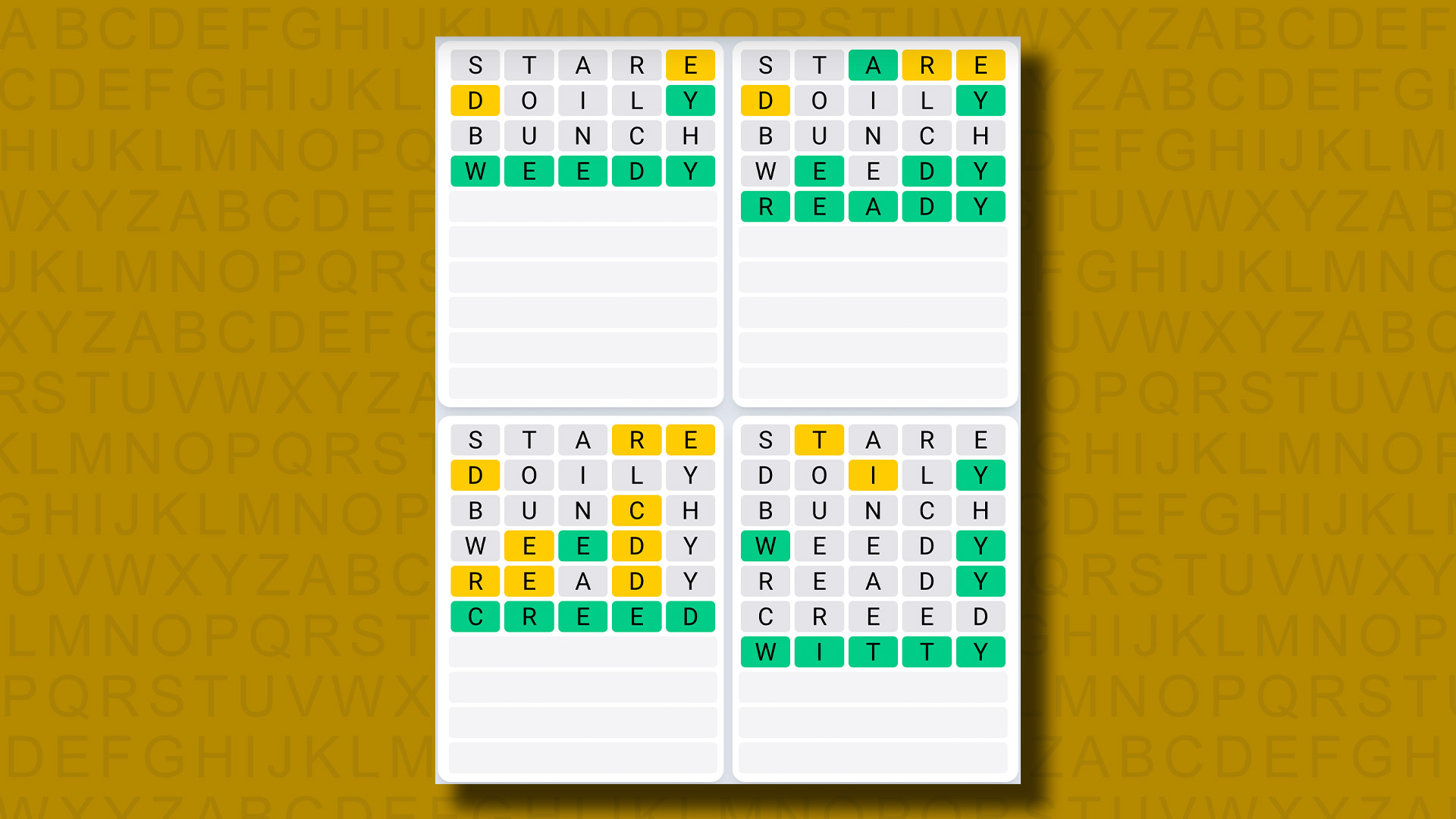 Ежедневная последовательность ответов Quordle для игры 823 на желтом фоне