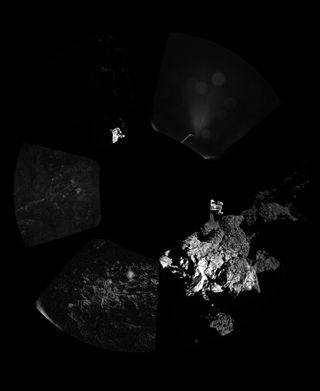 This first panorama from the surface of Comet 67P/Churyumov–Gerasimenko was captured by the Philae lander on Nov. 12, 2014 after its historic landing during the European Space Agency's Rosetta mission. ESA released the image Nov. 13 to show its first glim