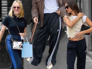 a fashion collage featuring three stylish women wearing Adidas sweatpants