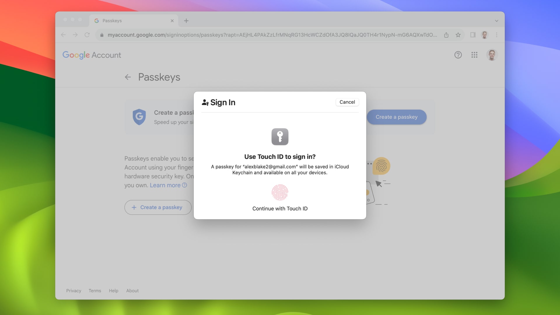 A Google account page where a passkey is being created. The user is being prompted to use their fingerprint to secure their account.