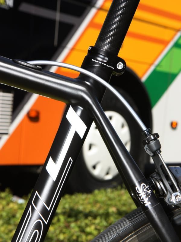 The seat stays are widely spaced but pinched down in height at the seat tube for a more comfortable ride.